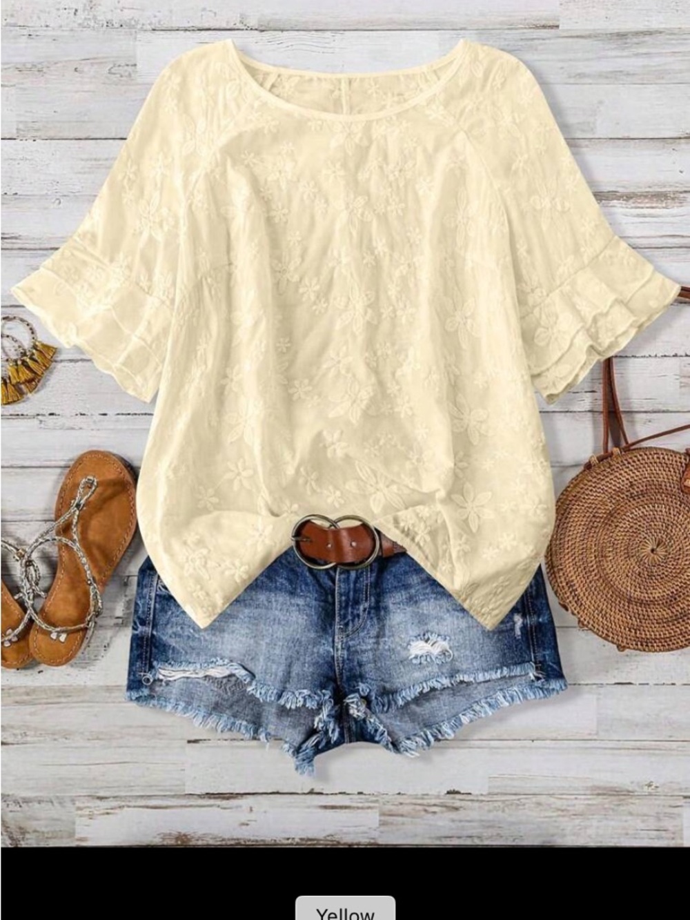 Light Yellow Floral Embroidered Short Sleeve Blouse